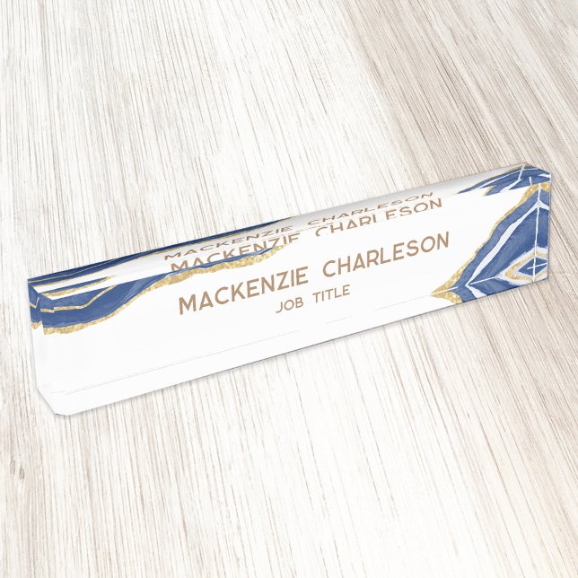 Blue Marble Agate Gold Glitzer Beruflich Namensplakette (Blue, gold and white personalized custom text agate marble watercolor professional desk name plate)