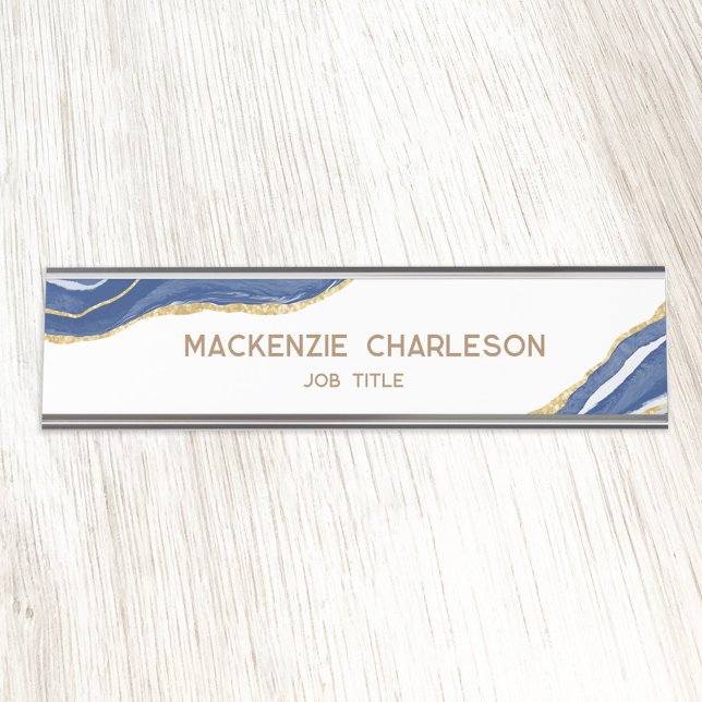 Blue Marble Agate Gold Glitzer Beruflich Schreibtischnamensplakette (Blue and white gold effect agate marble watercolor professional name plate)