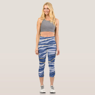 Blue Marble Agate Gold Glitzer Capri Leggings