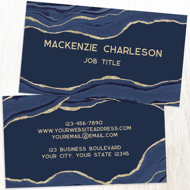 Blue Marble Agate Gold Glitzer Elegant Visitenkarte (Navy blue agate marble geode with gold details.  Modern elegant personalized business cards.)