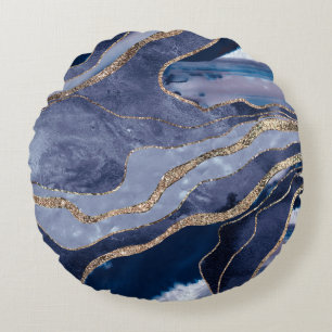 Blue Marble Agate Gold Glitzer Glam #1 Rundes Kissen