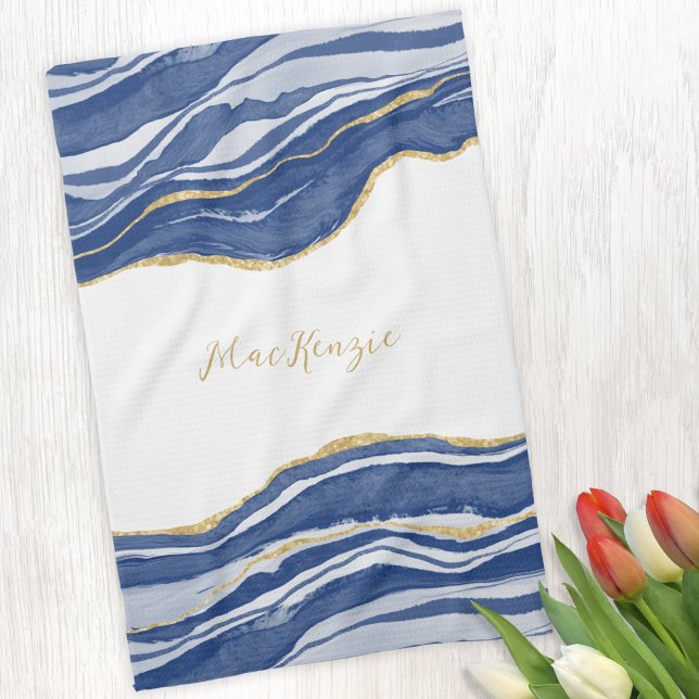 Blue Marble Agate Gold Glitzer Personalisiert Geschirrtuch (Blue agate marble watercolor personalized name kitchen towel)