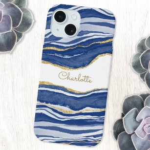 Blue Marble Agate Gold Glitzer Personalisiert iPhone 15 Hülle