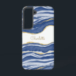 Blue Marble Agate Gold Glitzer Personalisiert Samsung Galaxy Hülle<br><div class="desc">Die blaue Aquarellfarbe verleiht Marmor-Design mit den Imitaten goldenen Glitzer. Ändern Sie den Namen zum Anpassen.</div>