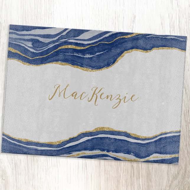 Blue Marble Agate Gold Glitzer Personalisiert Schneidebrett (Blue agate marble watercolor personalized gold script cutting board)