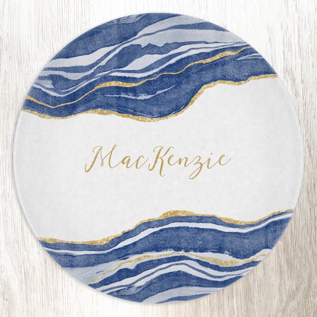 Blue Marble Agate Gold Glitzer Personalisiert Schneidebrett (Blue watercolor agate marble with faux gold glitter accents. Personalized name cutting board.)