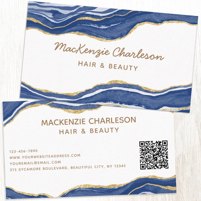 Blue Marble Agate Gold Glitzer QR Code Visitenkarte (Navy blue and white watercolor agate marble custom business card with QR code)