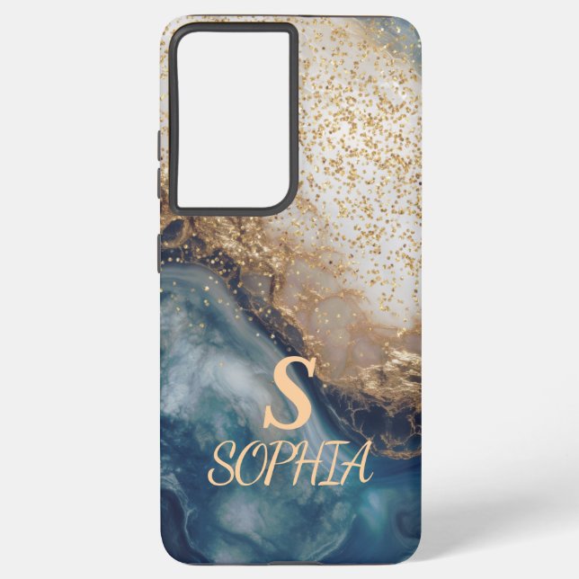 blue marble chic gold glitter monogram samsung galaxy hülle (Rückseite)
