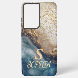 blue marble chic gold glitter monogram samsung galaxy hülle