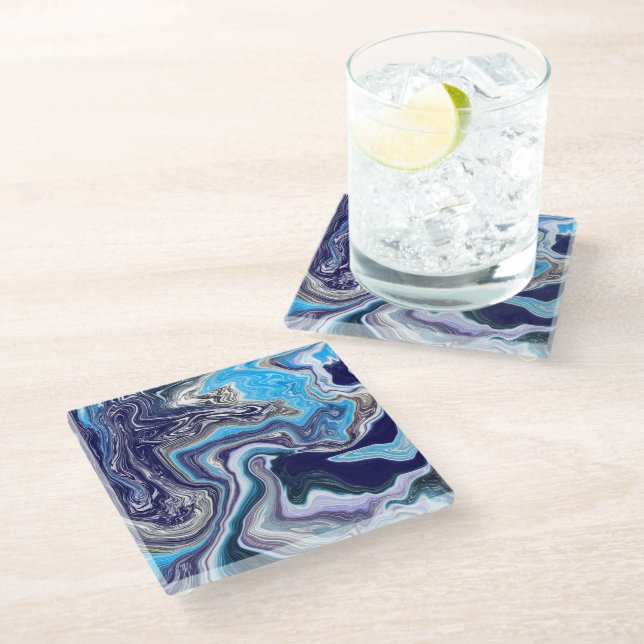 Blue Marble Fluid Art Glasuntersetzer (Schrägansicht)