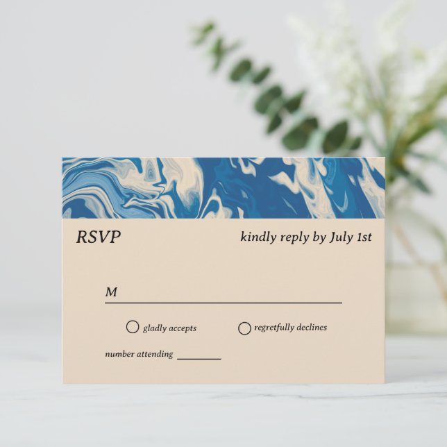 Blue Marble Modern Coastal Wedding RSVP Card (Stehend Vorderseite)