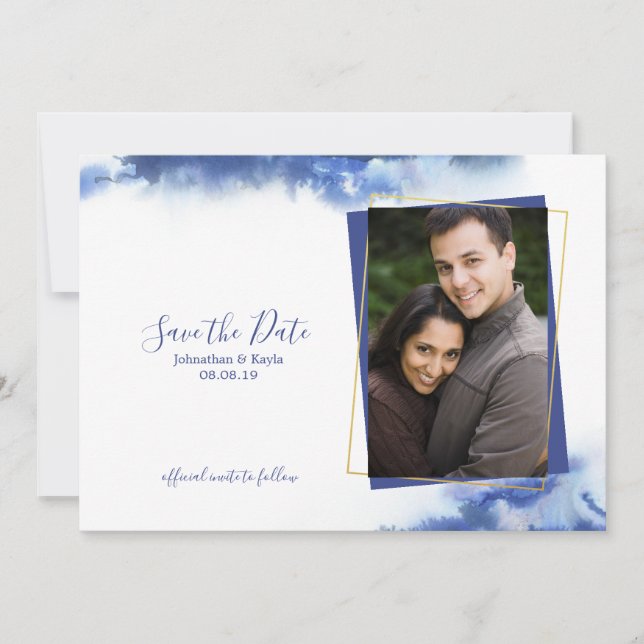 Blue Marble Ombre Gold Frame Save the Date Ankündigung (Vorderseite)