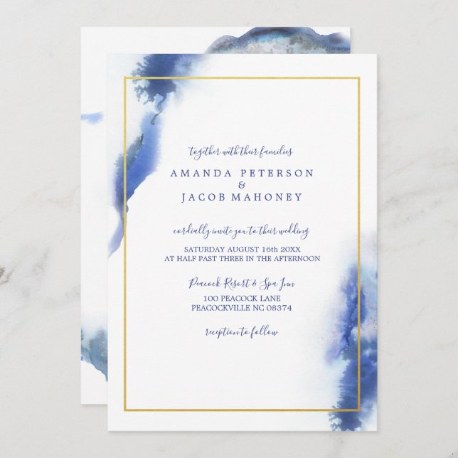 Blue Marble Ombre Gold Frame Wedding Einladung (Vorne/Hinten)