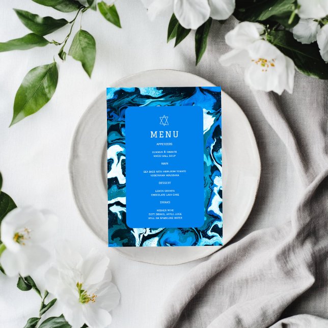 Blue Marble Star von David Custom Bar Bat Mitzvah Menükarte (Blue Marble Star of David Custom Bar Bat Mitzvah Jewish Wedding Event  Menu
)
