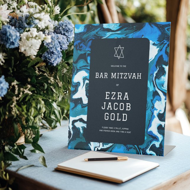 Blue Marble Star von David Custom Bar Bat Mitzvah Sockelschild (Blue Marble Star of David Custom Bar Bat Mitzvah Pedestal Sign
)