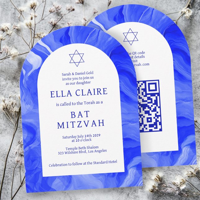Blue Marble Swirls Star QR Bar Bat Mitzvah Arch Einladung (Blue Marble Swirls Star QR Code Bar Bat Mitzvah Arch Invitation
)