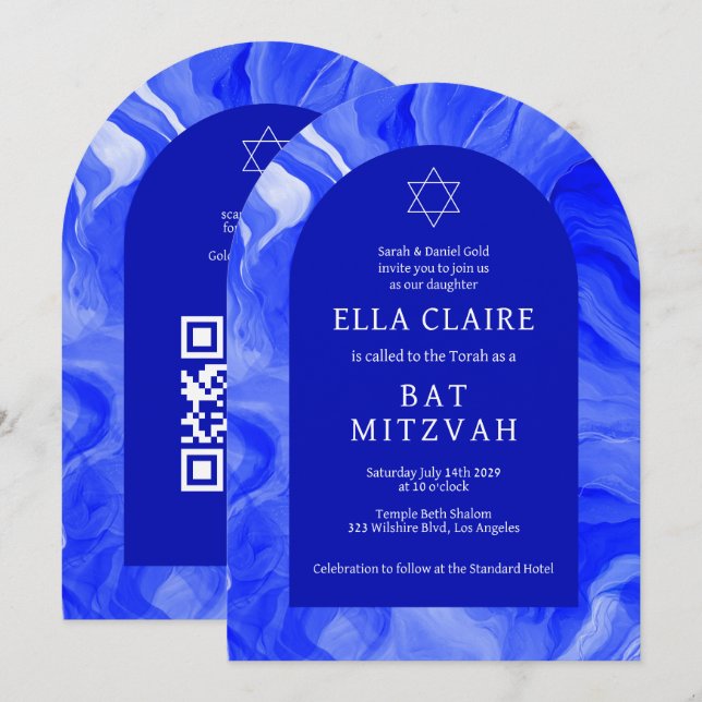 Blue Marble Wirbel Star QR Bar Bat Mitzvah Arch Einladung (Vorne/Hinten)