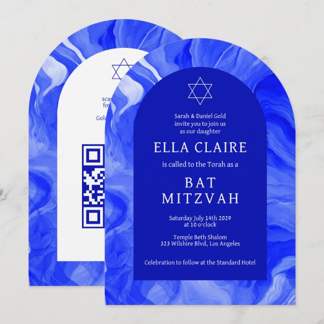 Blue Marble Wirbel Star QR Bar Bat Mitzvah Arch Einladung (Vorne/Hinten)