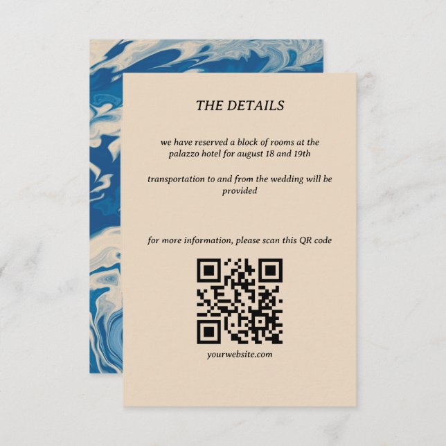 Blue Marbled Modern Coastal Wedding Details Card RSVP Karte (Vorne/Hinten)