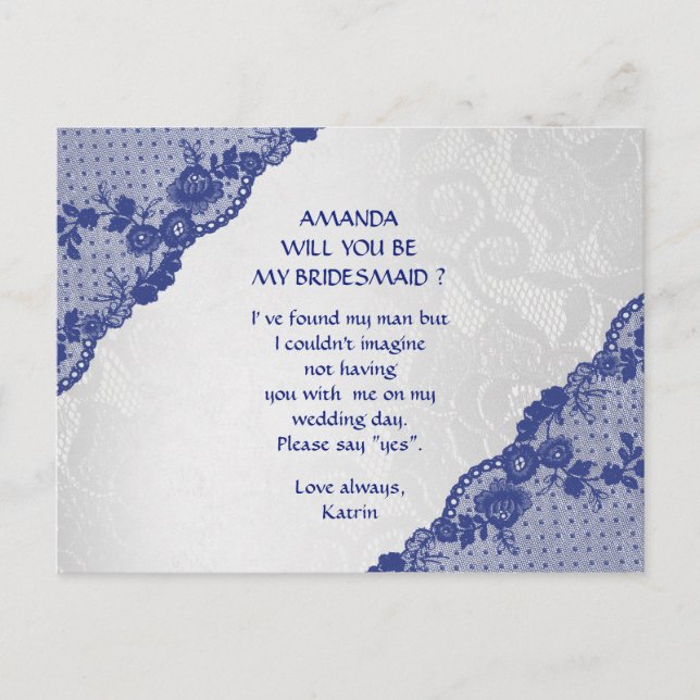 Blue Marine Lace Silver wirst du meine Bridesmaid  Einladungspostkarte (Vorderseite)