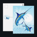 Blue Marlin Jumping out of Ocean Postkarte<br><div class="desc">Realistic illustration of a beautiful Marlin Fish Ocean Animal jumping out of ocean. Vector Art copyright BluedarkArt TheChameleonArt.</div>