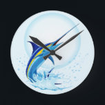 Blue Marlin Jumping out of Ocean Runde Wanduhr<br><div class="desc">Realistic illustration of a beautiful Marlin Fish Ocean Animal jumping out of ocean. Vector Art copyright BluedarkArt TheChameleonArt.</div>