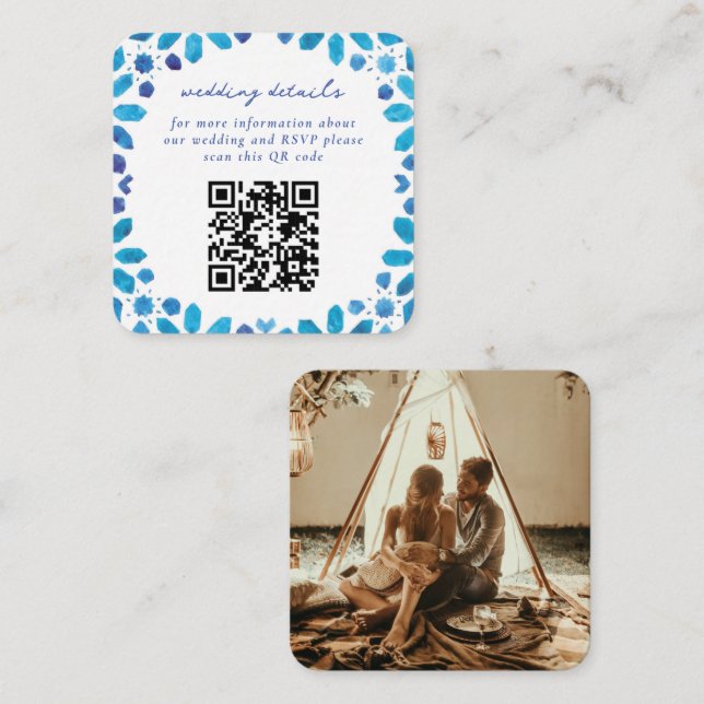 Blue marokkanische Tiles QR Code Wedding Begleitkarte (Vorne/Hinten)