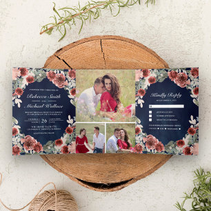 Blue Marsala Floral Foto Collage Hochzeit Dreifach Gefaltete Einladung