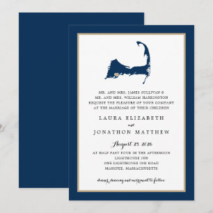 Blue Mashpee Cape Cod Map Gold Heart Wedding Einladung
