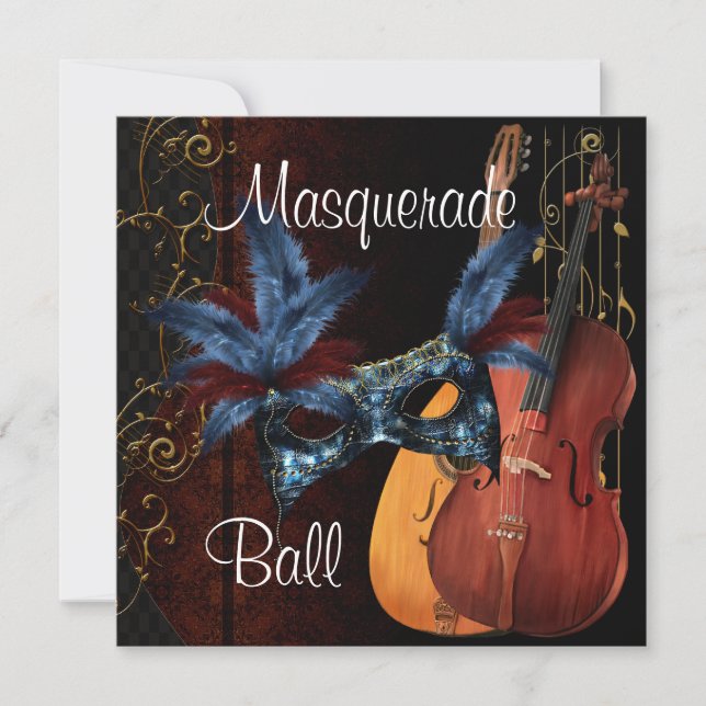 Blue Mask Musical Instruments Masquerade Ball Inv Einladung (Vorderseite)