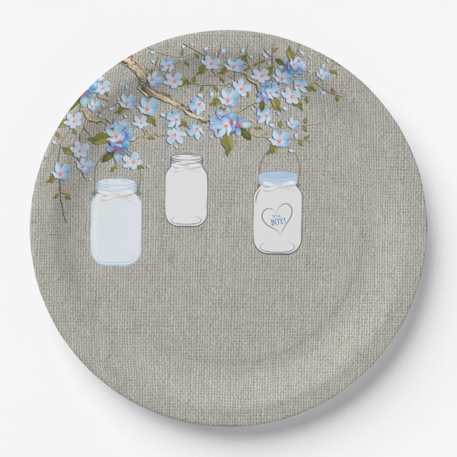 Blue Mason Jar Burlap Boys Baby Shower Pappteller (Vorderseite)