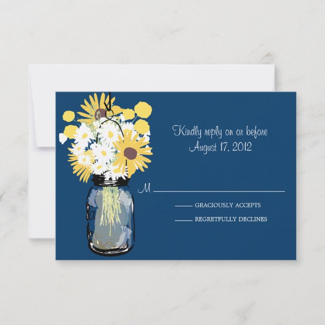 Blue Mason Jar Daisies Sunflowers Billy Balls UAWG RSVP Karte (Vorderseite)