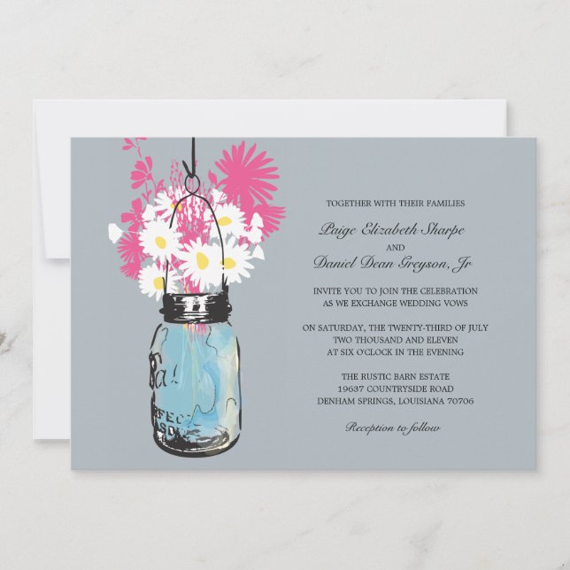 Blue Mason Jar Daisies und Wildblumen Hochzeiten Einladung (Vorderseite)