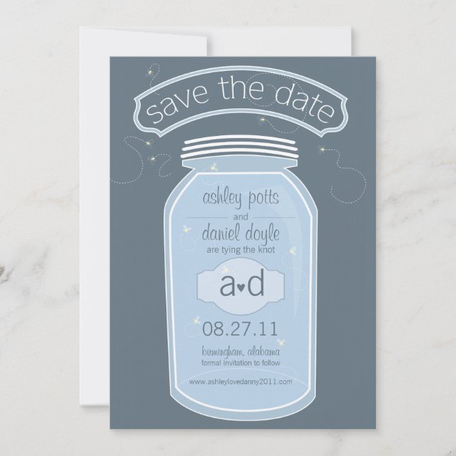 Blue Mason Jar & Fireflies Save the Date (Vorderseite)