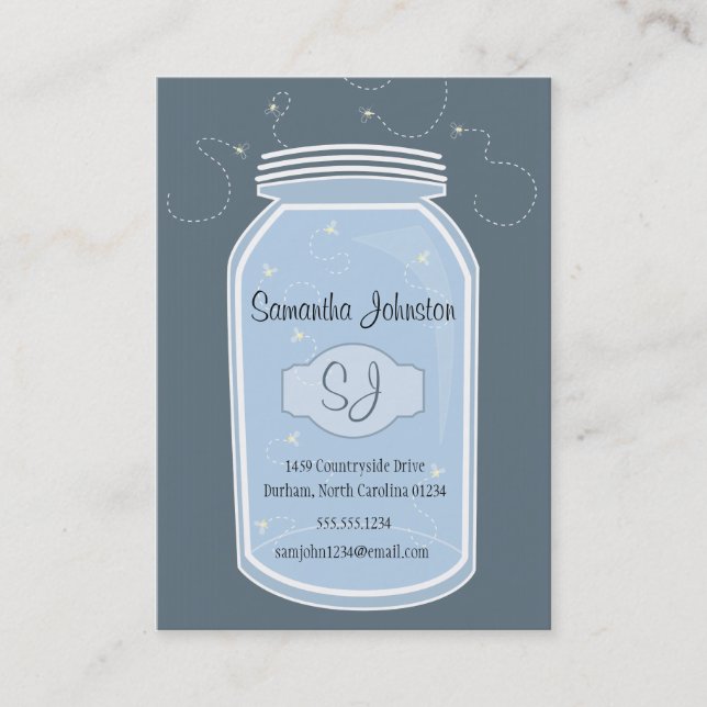 Blue Mason Jar & Fireflies Save the Date Visitenkarte (Vorderseite)