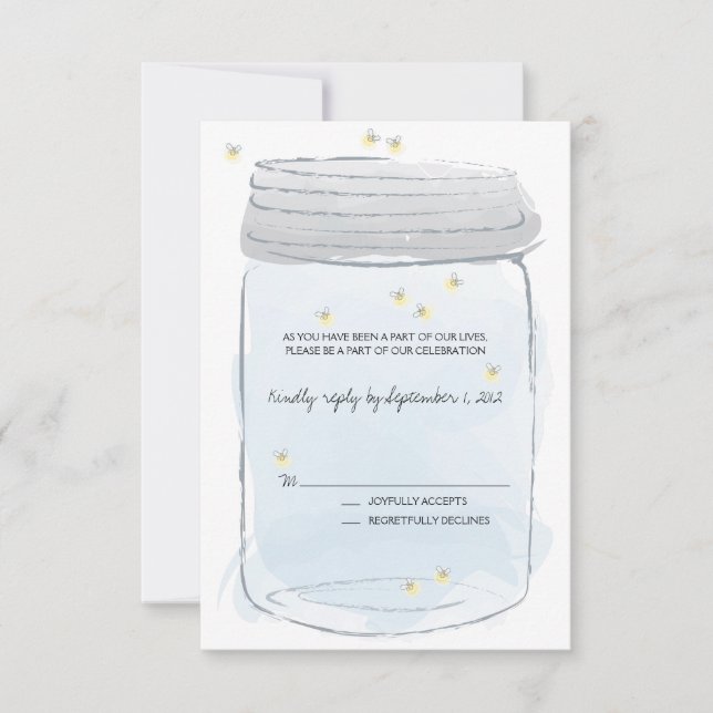Blue Mason Jar & Fireflies Wedding RSVP (Vorderseite)