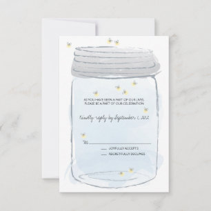 Blue Mason Jar & Fireflies Wedding RSVP Karte
