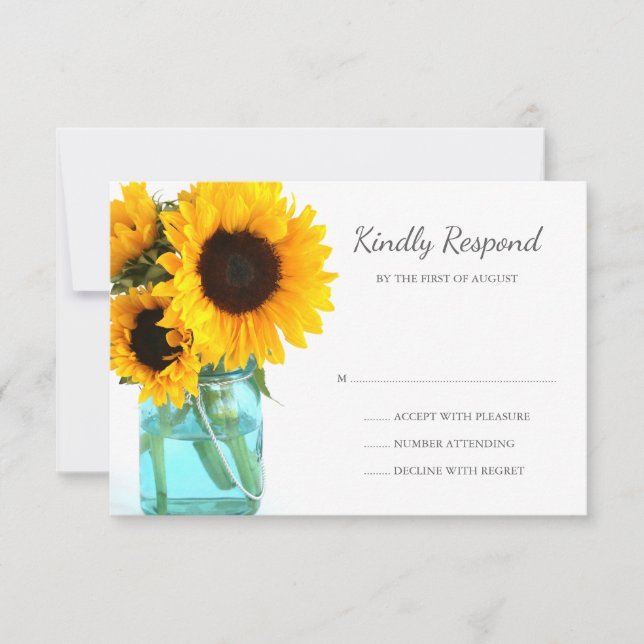 Blue Mason Jar Sunflowers Wedding RSVP (Vorderseite)