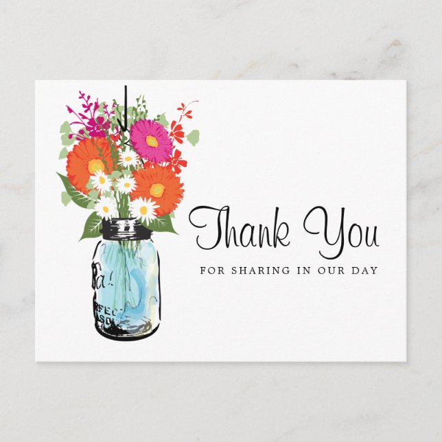 Blue Mason Jar und Gerber Daisies Vielen Dank Postkarte (Vorderseite)