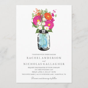 Blue Mason Jar und Gerber Daisies Wedding Einladung
