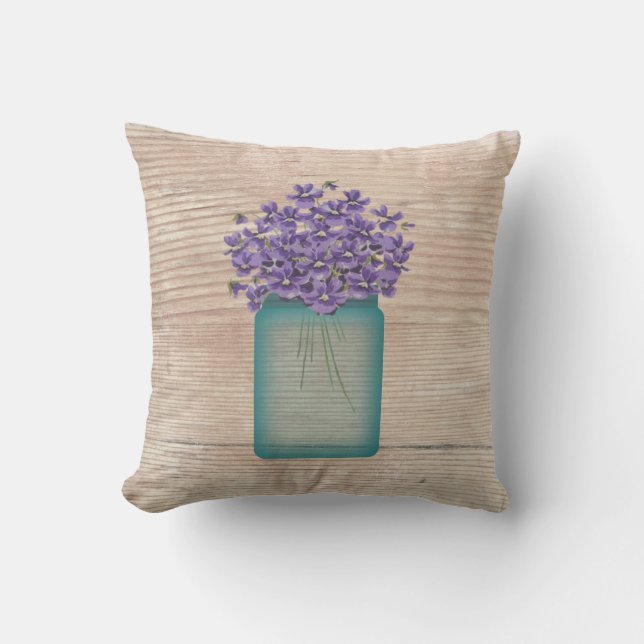 Blue Mason Jar Violets Pillow Kissen (Vorderseite)