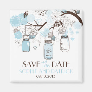 Blue Mason Jars & Blume Speichern Sie das Date Mag Magnet