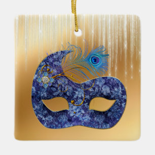 Blue Masquerade Mask and Peacock Feather on Gold Keramikornament