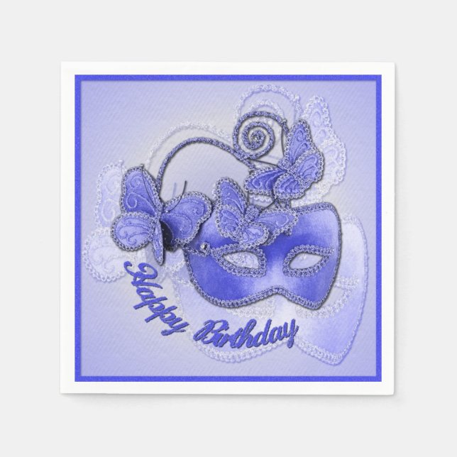 Blue Masquerade Mask Birthday Napkins Serviette (Vorderseite)