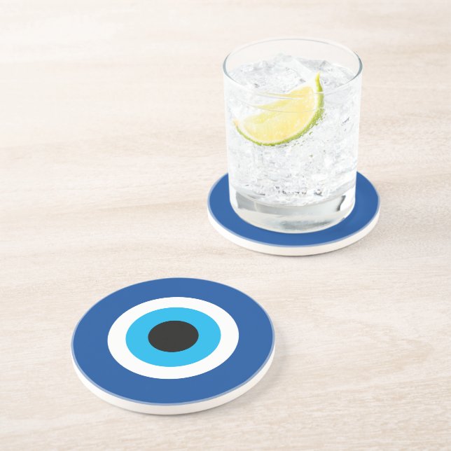 Blue Mati Evil Eye rund Sandsteindrink Untersetzer (Seite)