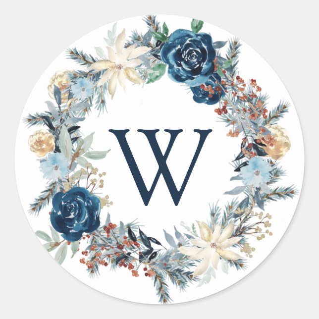 Blue Mattiert Monogram Wreath Holiday Sticker (Vorderseite)