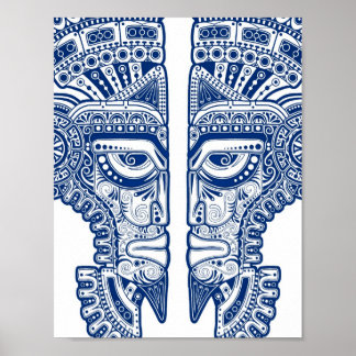 Blue Mayan Twins Mask Illusion in White Poster