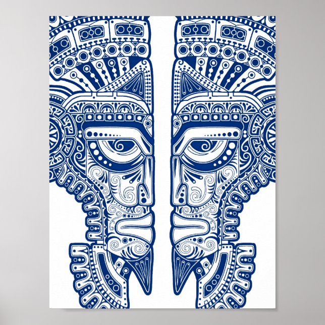 Blue Mayan Twins Mask Illusion in White Poster (Vorne)