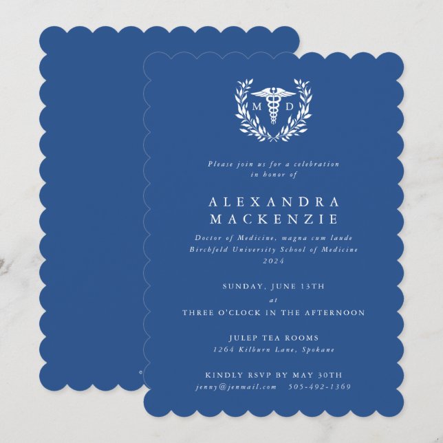 Blue MD Caduceus+Laurel Wreath Abschluss Einladung (Vorne/Hinten)