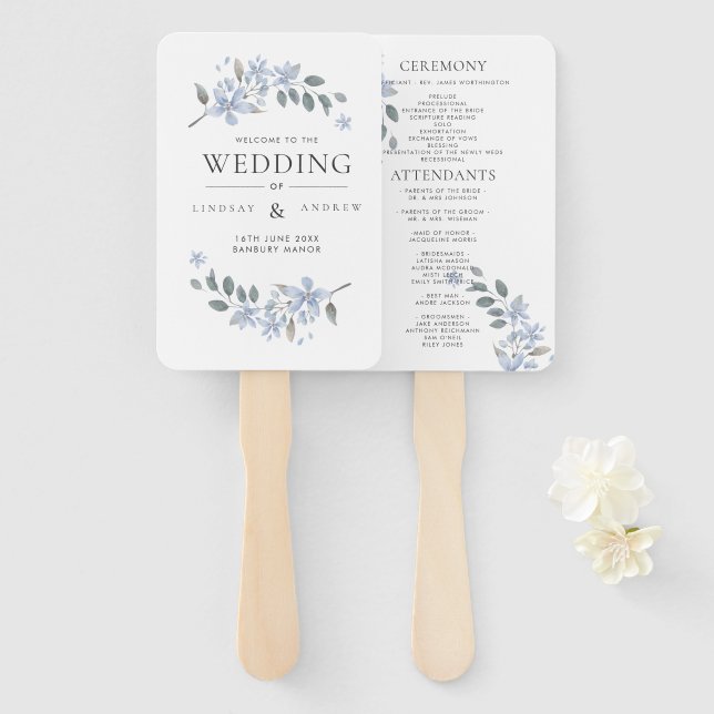 Blue Meadow Watercolor Wedding Program Hand Fan Fächer (Vorne und Hinten)